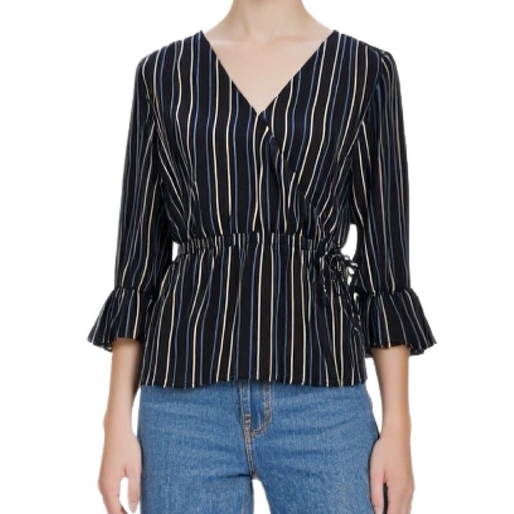 Ann Taylor Black & White Peplum Ruffle Sleeve Striped Blouse Size Small